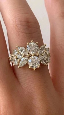 2.50Ct Round Lab Created Diamond 14K Yellow Gold Plated Cluster Engagement Ring