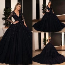 Gothic Black Wedding Dresses Lace Long Sleeves Beaded V Neck Bridal Gowns Train