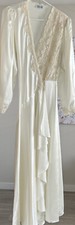 Vintage Etienne Glossy Cream Off White Satin Feel Long Robe Beaded Puff Sleeve