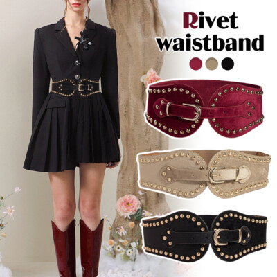 WomenPunk Faux Leather Elastic Rivet Wide Belt Adjustable Dress Accessories  Belt | eBay