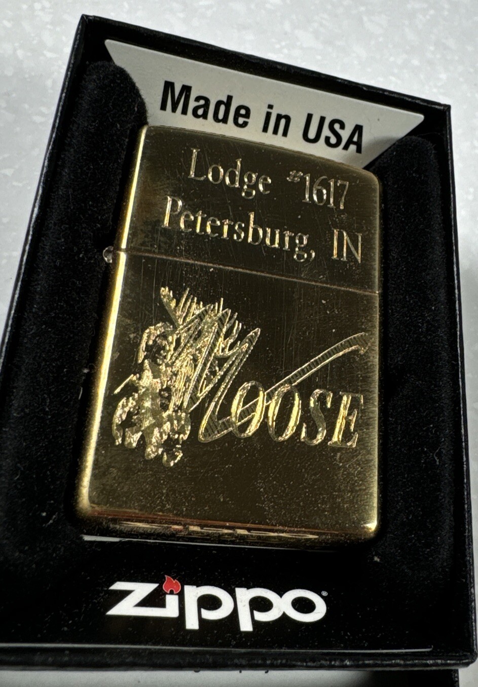 Zippo Brass Lighter Moose Lodge 1617 Petersburg, In Unfired New In Box