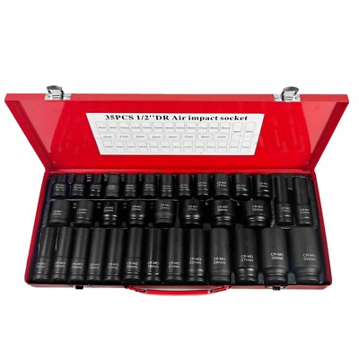 35 Stck. 1/2 Zoll Quadrat Metrischer Antrieb Tiefschlag Steckschlüssel Werkzeug Set Garage Kit 8-32 mm + Koffer