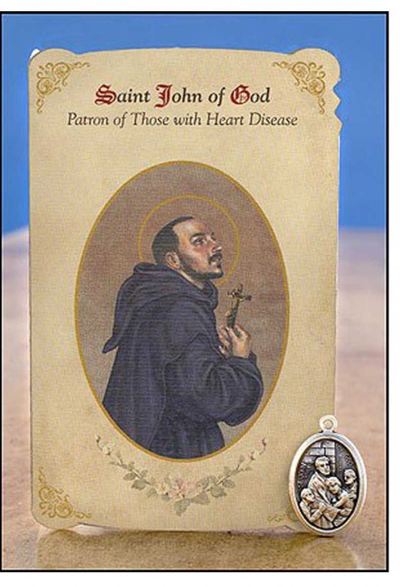 Saint John Of God Medal & Prayer Card Set - 1 Inch Oxidized Pendant, Patron Saint Of Heart Disease - View #12