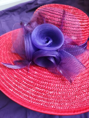 Womans Red Straw Hat, With Purple Ribbon | eBay display picture 3