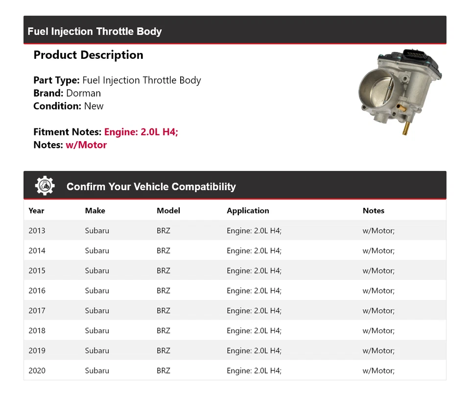 Carrocería de acelerador de inyección de combustible Dorman 2,0 L 2,0 L 2013-2020 Subaru BRZ 2014 2015 Foto 2 de 4