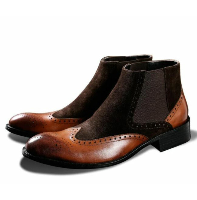 Handmade Mens brown wingtip brogue two tone Chelsea boots  display picture 2