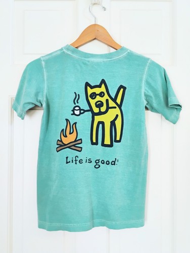 Life Is Good Tshirt Kids Medium 10-12 Short Sleeve Teal Dog Roasting Marshmallow - Picture 2 of 4