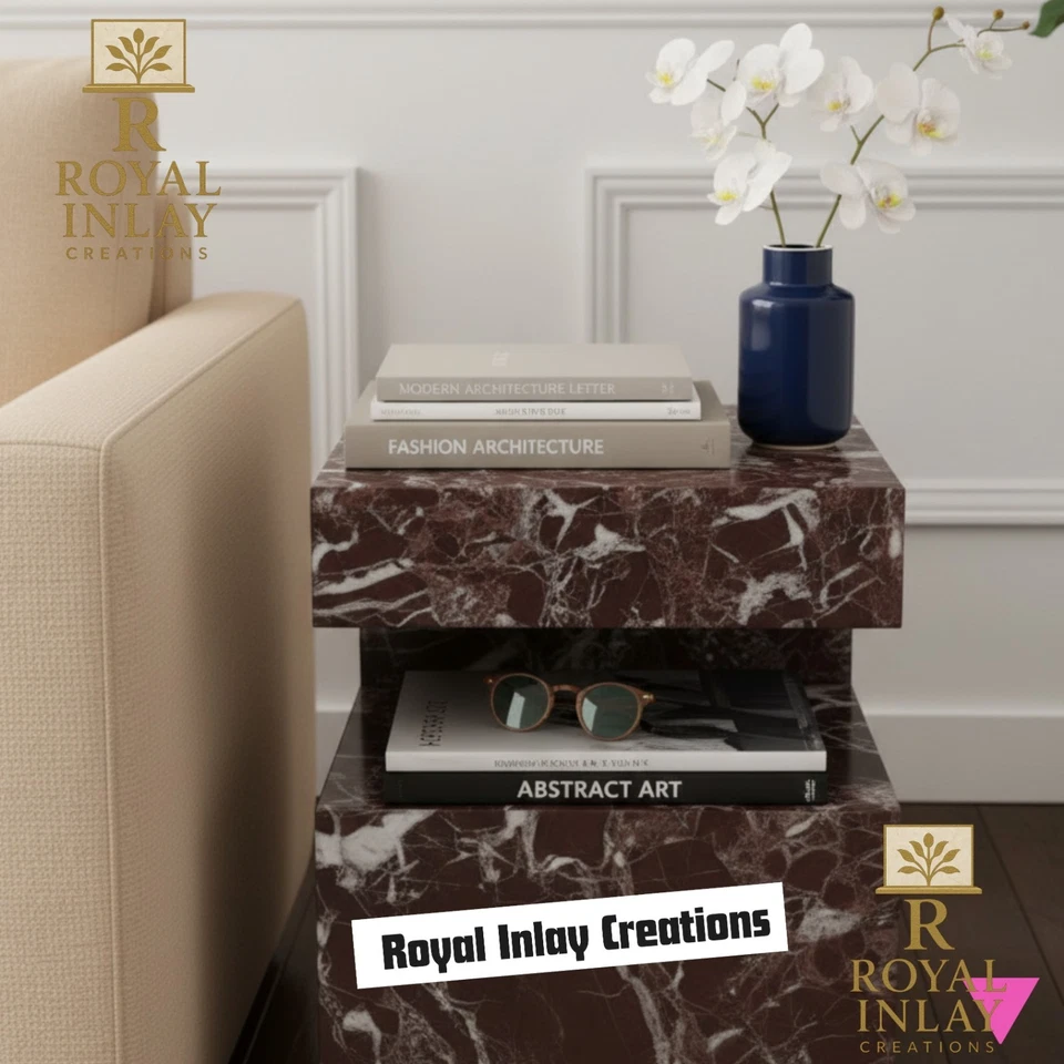 Rosso Levanto E Shaped Marble Pedestal Side Table - Red Marble Accent Table - Image 2 of 4