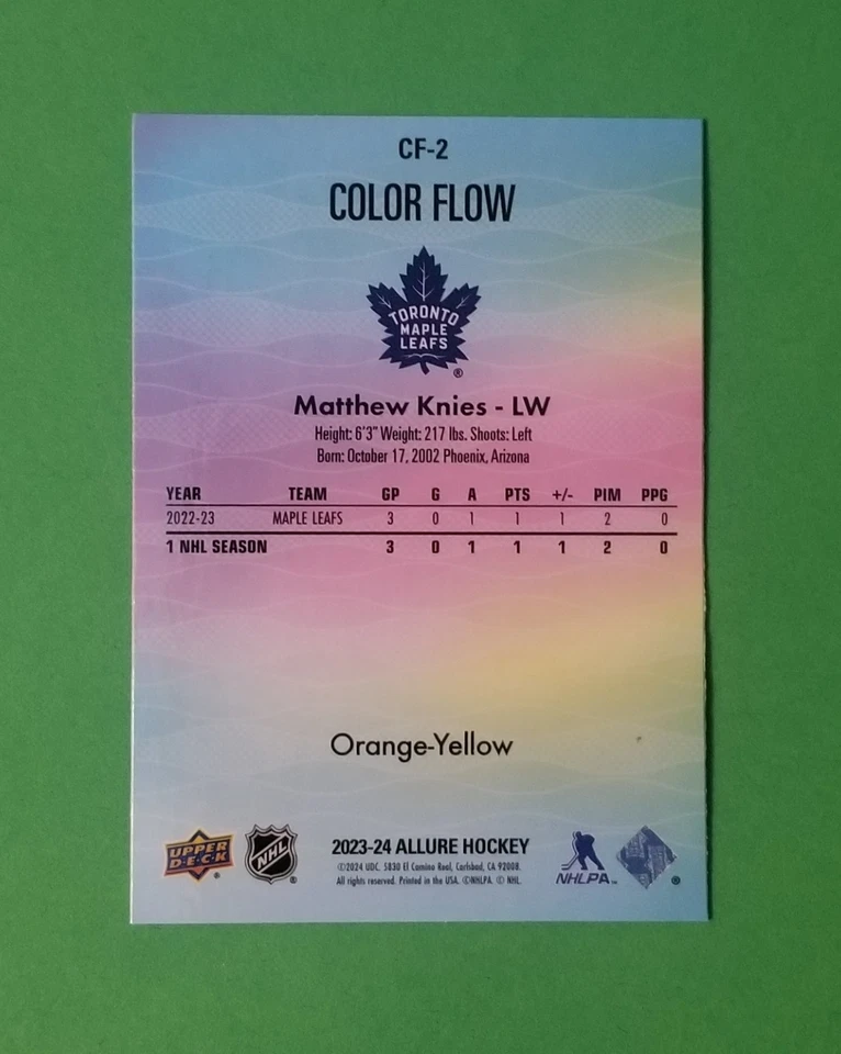 MATTHEW KNIES 2023-24 UD Allure Hockey #CF-2 Rookie Color Flow Orange-Yellow RC - Image 2 of 2