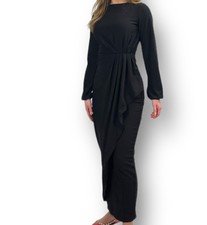 Elegant Black Maxi Dress, Size L, Ruched, Long Sleeve, Wedding Guest Modest Chic