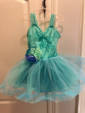 Girls Blue Sleeveless Dance Leotard Dress with Tulle Skirt Flower Hairpin