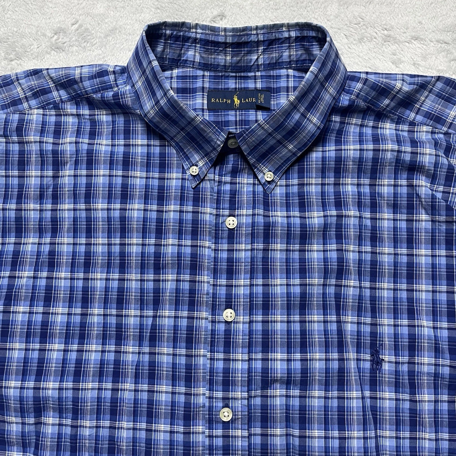 Ralph Lauren Shirt Mens 3XB Blue Plaid Cotton Short Sleeve Button Down Pony