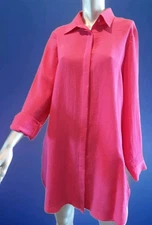 FRIDAZE-Camellia Pink-Tunic Length 100%  Linen Shirt Sz S/M No Wrinkle-Boutique