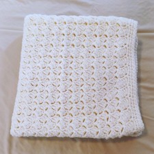 VTG Handmade Crochet Baby Toddler Blanket Lap Afghan White 37x37 med weight.