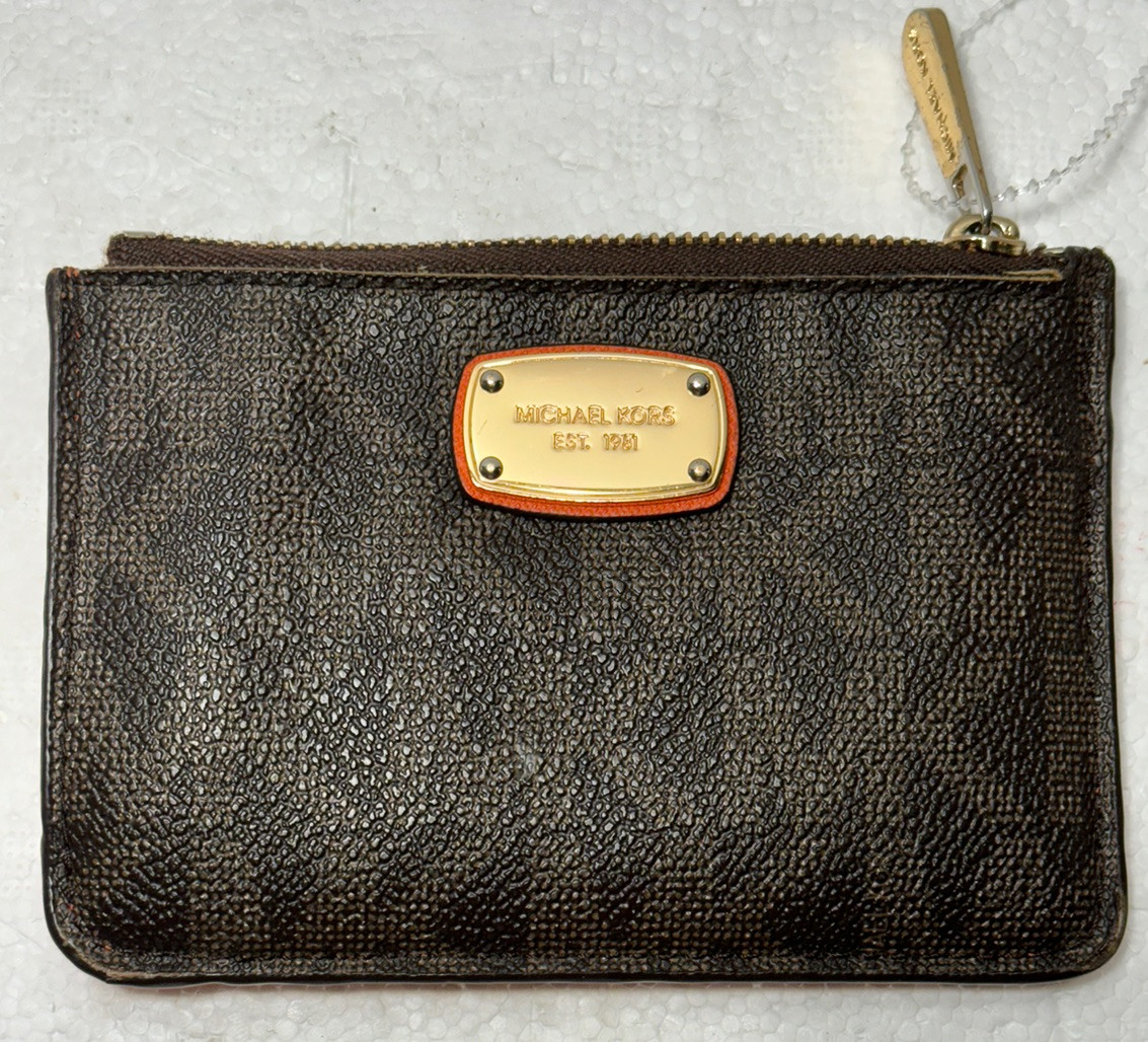 Michael Kors Small Key Chain Wallet Zip Top Leather Coin Pouch Brown/Black SEE