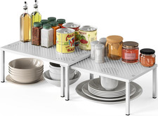Expandable Stackable Kitchen Counter Shelf Organizer, White, Metal Top, 11.25"L