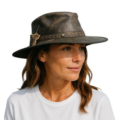 Cowboyhut Damen australischer Westernstil Leder abgenutzt faltbar Buschhut