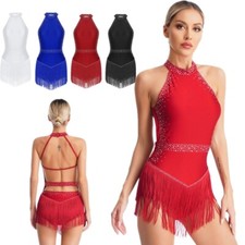 Womens Tassel Latin Rumba Salsa Dance Dress Rhinestone Sleeveless Halter Leotard