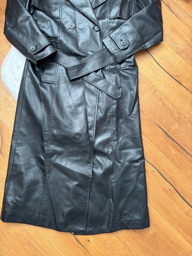 ZARA DOUBLE BREASTED BLACK FAUX LEATHER TRENCH COAT BELT Long size XS 4432 - Picture 5 of 19