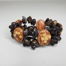 Wood Bracelet Stretch Black Brown Floral Geometric Beaded Ball Round