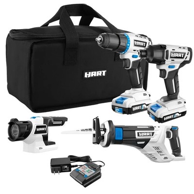 20V 1/2'' Drill/Driver HART 20-Volt Cordless 4 Tool Combo Kit HPCK412B