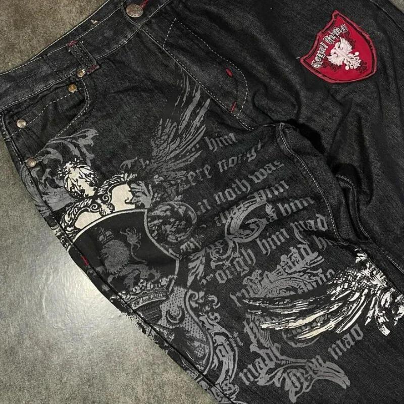Streetwear Jeans Harajuku Hip Hop Retro Graphic Embroidered Jeans Black Pants