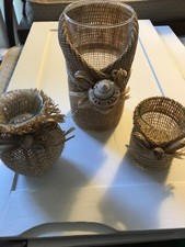 Bathroom Set - Glass with Jute  Seashell Decor - 3 Pieces