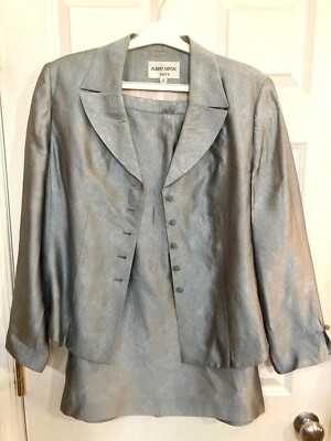 ALBERT NIPPON Career Skirt Suit Faux Silk Powder Blue Retro Glam 