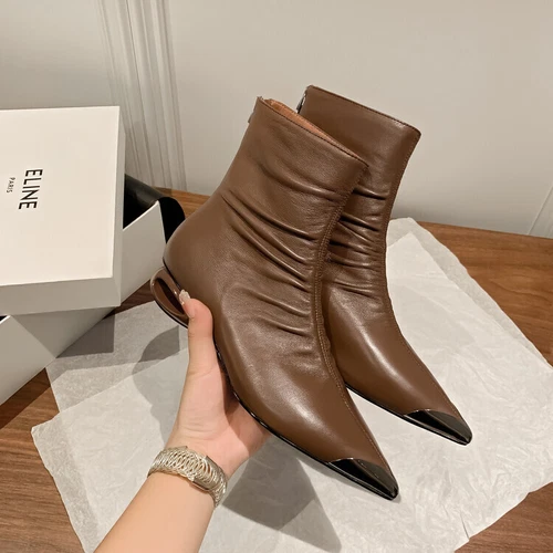 Womens Leather Metal Pointy Toe Draped Mid Heel New Bootie Ankle Boots Shoes - Bild 10 von 17