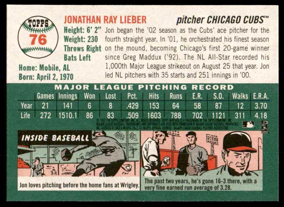 2003 Topps Heritage . Jon Lieber Chicago Cubs #76 - Image 2 of 2