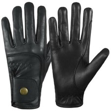 Kids Childrens Equestrian Horse Riding Gloves Genuine Real Leather Black Button