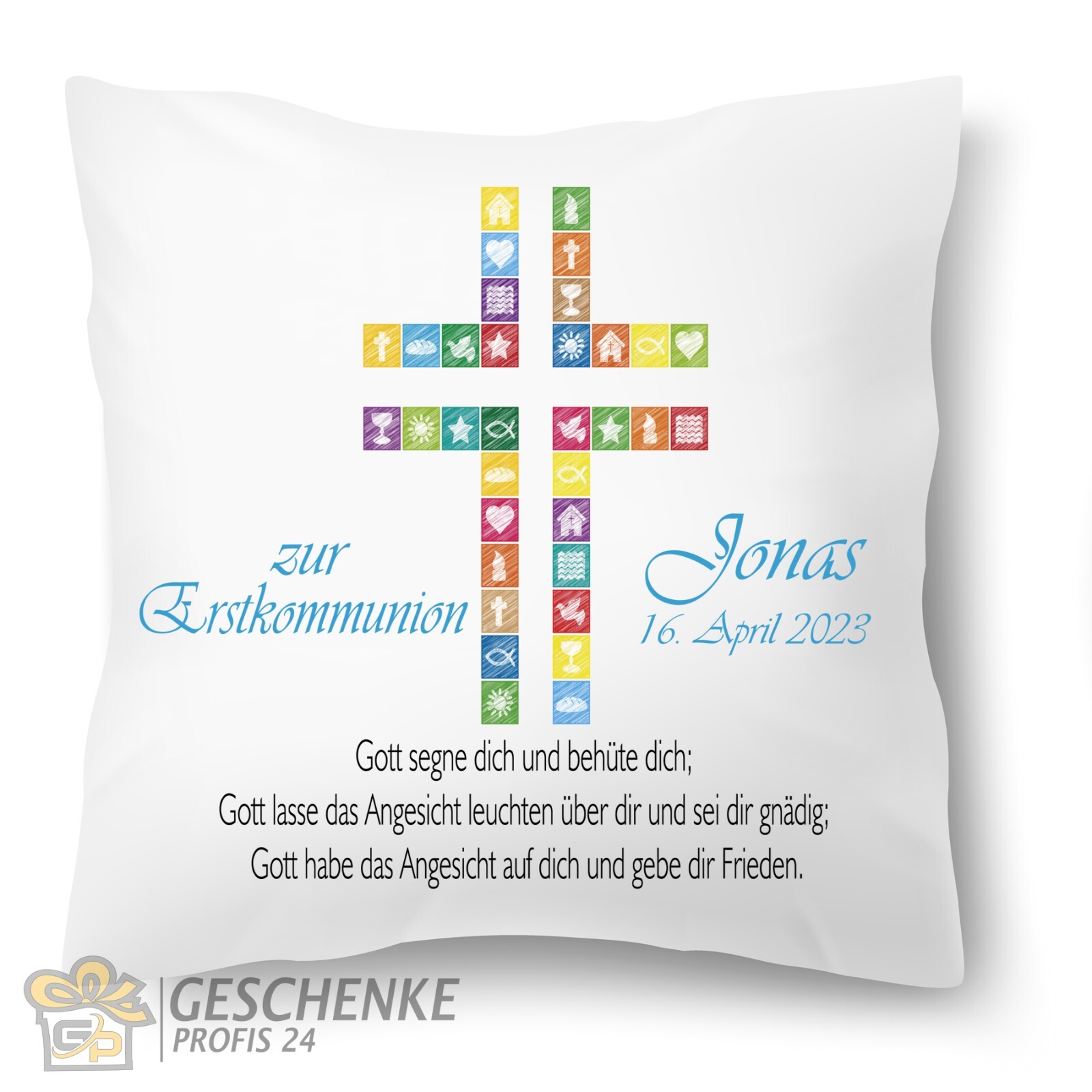 KOMMUNION GESCHENK PERSONALISIERTES KISSEN KREUZ FOTOKISSEN SYMBOLE MIT SPRUCH