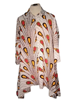 80s Vintage Step in Style Peacock African Print Women's Size L Hi Low Maxi Dress