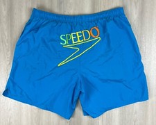 Vintage 90s SPEEDO Mens Nylon Blue Spellout Swimming Trunks Shorts Size Large