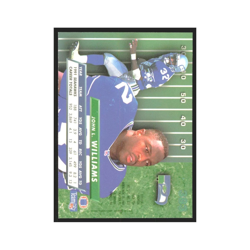 John Williams 1992 Fleer Ultra #383 Football Cards Football Card NM - Image 2 of 3