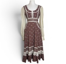 Vintage Gunne Sax Dress Womens 13 Modern Medium Brown Floral Prairie Peasant 70s