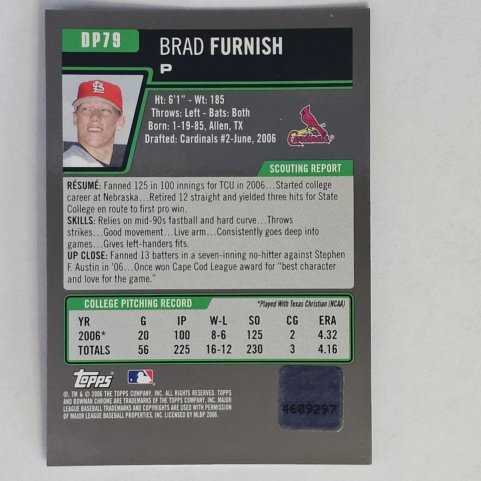 Brad Furnish 2006 Bowman Chrome Draft Rookie Autograph DP79 Cardinals - Image 2 of 2