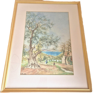 Original signiertes Aquarell Gemälde C Dorelle Küstenlandschaft gerahmt 49x63cm