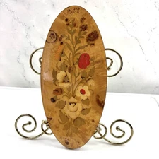 Vintage Mid Century Italian Wooden Inlay Floral Marquetry Wall Art Plaque Floral