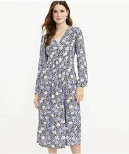 Ann Taylor Loft womens size 2 Floral Print V Neck Ruched Midi Dress Long Sleeves