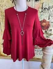 Slinky Brand Deep Sienna Red Tiered Blouson-Sleeve Ruffle Tunic Top New