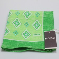 Roda NWT Linen Blend Pocket Square In Green / White / Blue Geometric Print