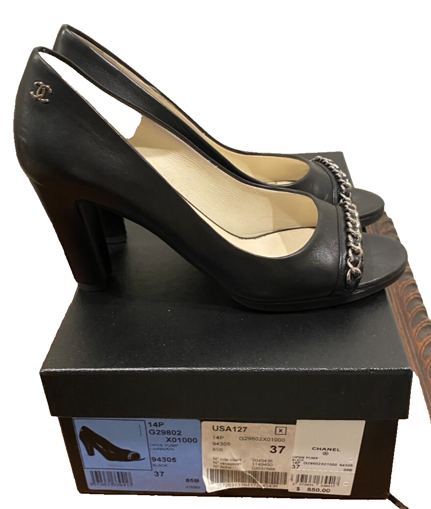 Slightly Used Chanel Black /Silver Chain Opened Toe Pumps /Shoes