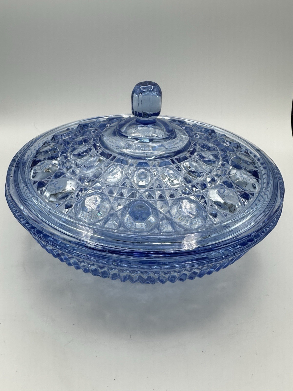 Vtg Indiana Glass Colonial Blue Daisy & Button Covered Candy Dish with Lid 9"
