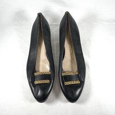 Salvatore Ferragamo Navy Leather Pumps Gold Chain Accent Italy Quiet Luxury 9B