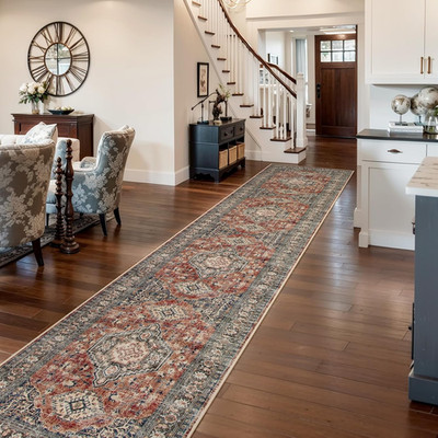 Brick Red Oriental Hallway Runner Rug 2.5x12 - Soft & Washable Carpet