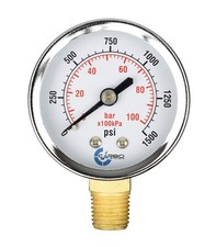 2 Pressure Gauge, 0-1500 psi, 1/4 NPT Lower Mount, Chrome Steel, Dry, Air