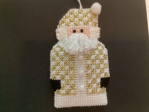 Santa Christmas Ornament, Handmade, Needlepoint , Gold & White