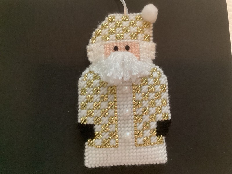 Santa Christmas Ornament, Handmade, Needlepoint , Gold & White