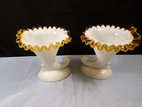 Pair Set of 2 Fenton Milk Glass Gold Crest Cornucopia Candle Holders